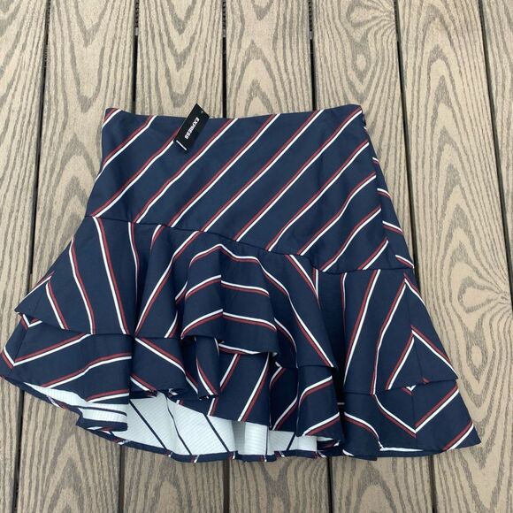 NWT Express Size 8 Blue Navy Red Mini Asymmetrical ruffle skirt - Picture 6 of 7
